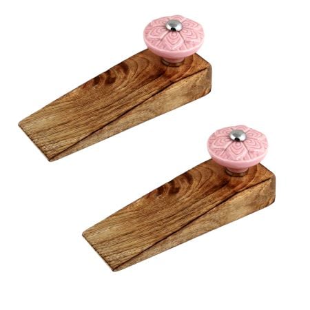 2 Pieces Pink Wheel Flower Ceramic Wooden Door Stopper